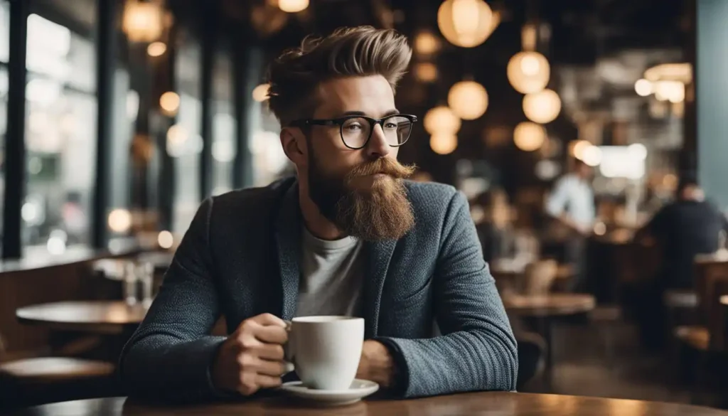 a man with a Goatee beard sitting at a table with a cup of coffee